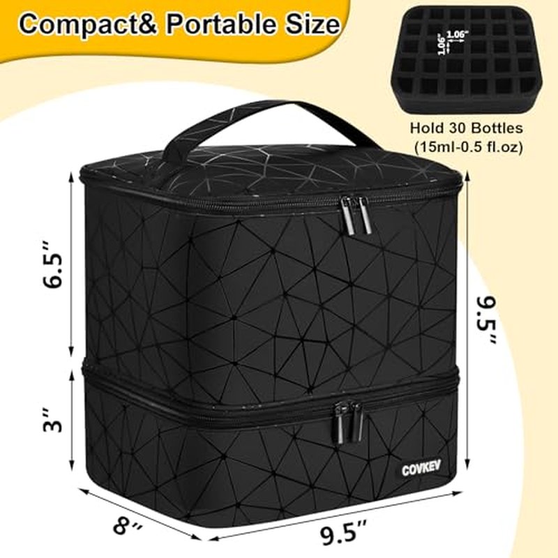Covkev PU Leather Nail Polish Organizer Bag Holds Nail Lamp& 30 Bottles (15ml-0.5 fl.oz), Portable Travel Nail Kit Storage Carrying Case, Double Layer Nail Supplies Organizer Handbag (Elegant Black)