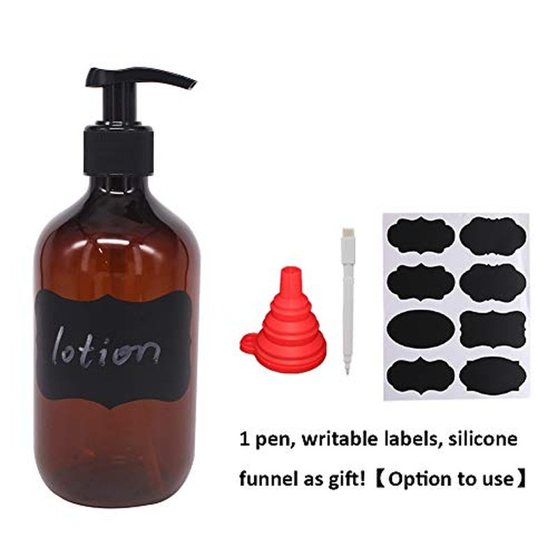 zmybcpack 4 Pack 16 OZ Empty Plastic Pump Lotion Bottles with 1 Pen, Labels & Silicone Funnel, Amber Color Lotion Dispenser with Locking Pump for Body Wash, Shampoo, Massage Lotion, Gel