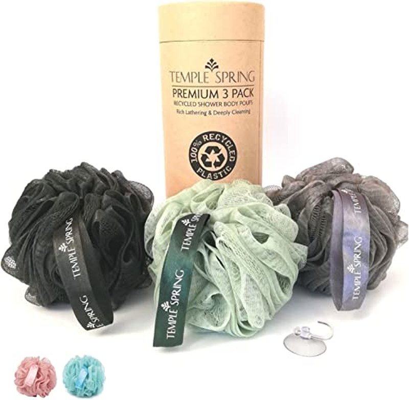 Temple Spring Shower Loofahs 3 Pack - Natural Recycled Shower Puffs for Body Set for Men and Women - Loofah Exfoliating Body Scrubber, Bath Poufs or Shower Scrunchie - Sea Green