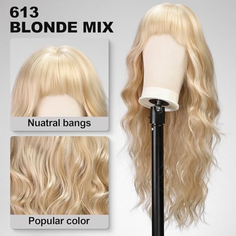 KOME Natural Brown Wigs with Bangs,Brown Long Wavy Wig for Women,Long Curly Wigs Dark Roots Synthetic Hair Wig for Party Daily Use 24IN