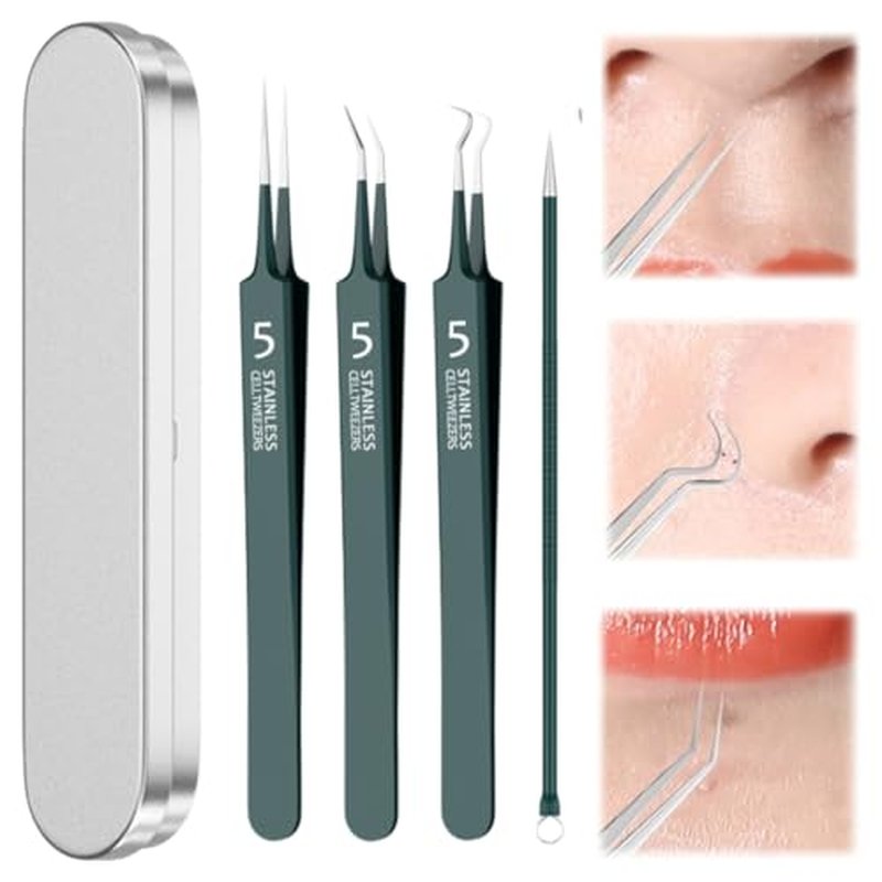 xwxwseui Usiveinborn Blackhead Remover Upgraded, Usiveinborn Blackhead Tweezers, Professional Upgraded Facial Blackhead Remover Tweezers, Blackhead Remover Tools Sets (A3-Black-4pcs)