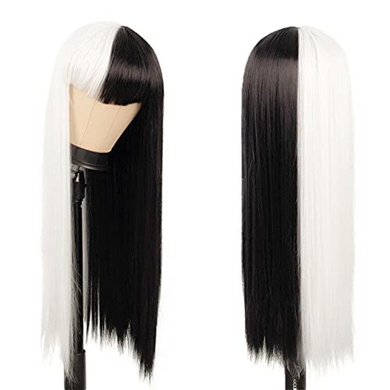 Kaneles Long Straight White and Black Wigs with Bangs for Women Natural Wigs for Cosplay Halloween Cosplay Costume Wigs