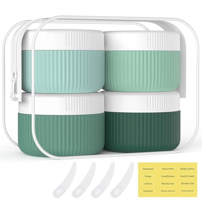 ME.FAN Travel Containers for Toiletries, TSA Approved 1.5 oz Silicone Cream Jars, Leak-proof Travel Size Containers, Travel Accessories for Cosmetic Face Hand Body Cream 4 Pack Black Lid Blue/Green