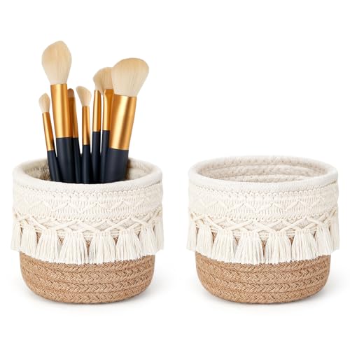 Mkono Macrame Makeup Brush Holder Organizer Comb Brushes Mini Storage Basket Set of 2 Boho Decor Baskets for Pen Pencil Box Container,Yellow and White