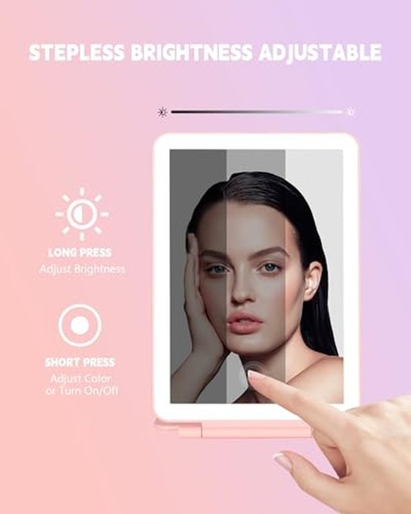 Dec.Metu Travel Mirror with Lights Makeup Mirror Touch Screen 3 Colors Light 72 LEDs Rechargeable, 1000mHA 7.9x5.3-Inch Desk Compact Mirror Pink