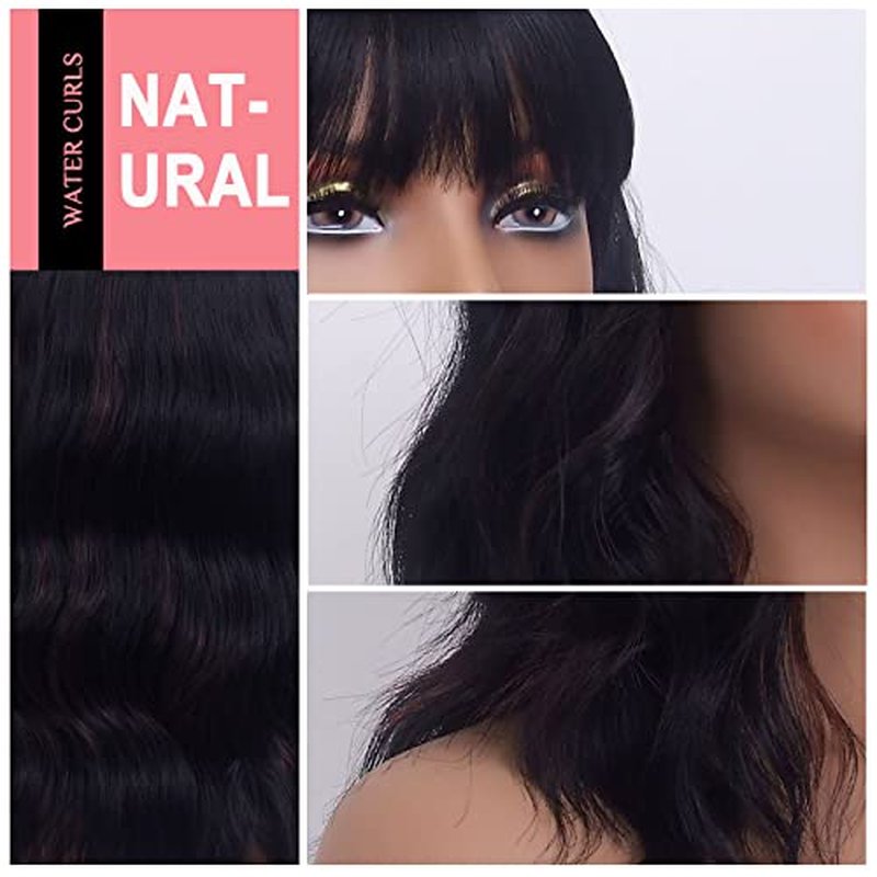 LINGDORA Curly Black Bob Wigs for Women Girl Synthetic Short Wig with Bangs Natural Water Wave Hair Wigs Heat Resistant Fiber for Daily Party Cosplay (Black)