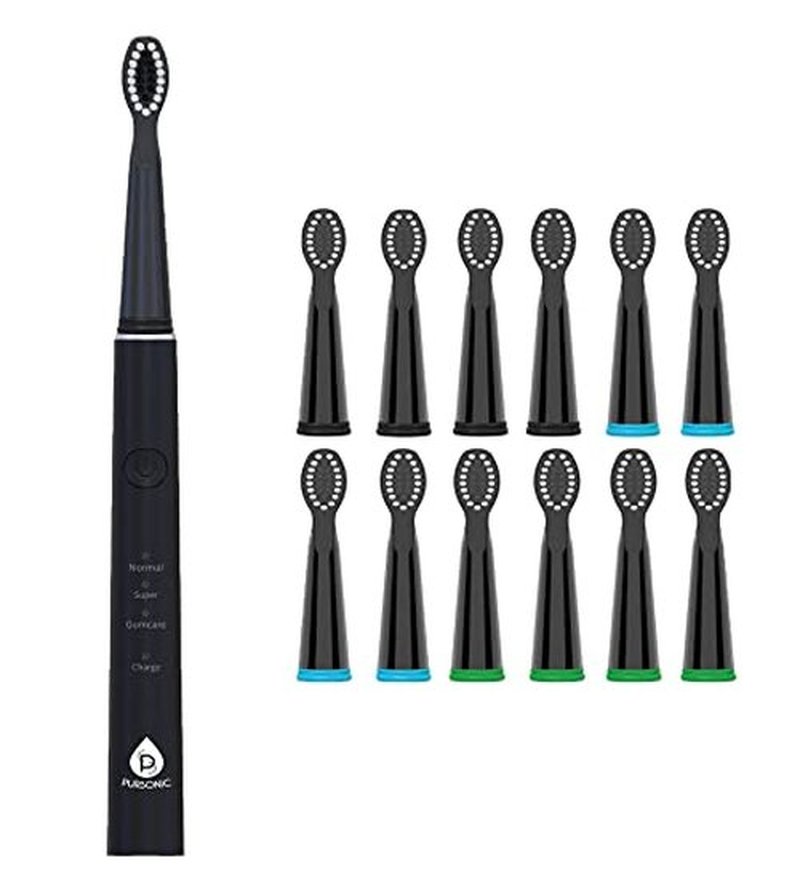 Pursonic Whitening USB Rechargeable Sonic Toothbrush-12 Brush Heads!- 38,000 Brush Strokes Per Minute-3 Brushing Modes with 2 Minute Auto Timer (Black)