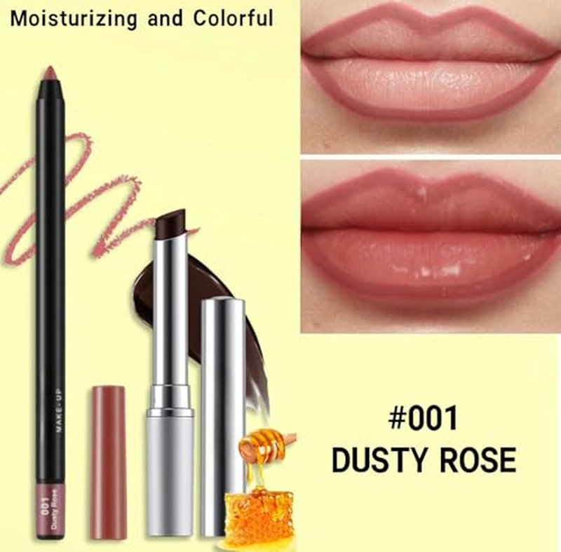 2Pcs Tinted Lip Balm and Lip Liner Set - Moisturizing Lip Crayon and High Shine Gloss, Ultra-Long-Lasting Matte Finish, Ideal Essential Set for Everyday Makeup(#1 DUSTY ROSE)