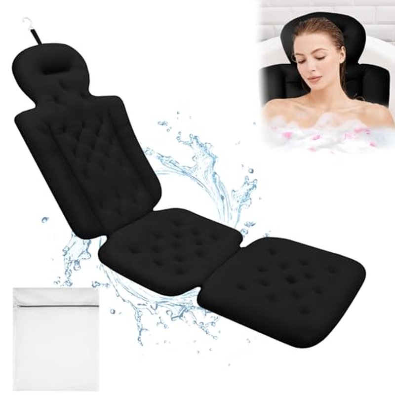 Luxury Full Body Bath Pillow for Bathtub, Bath Pillows for Tub with Mesh Laundry Bag & Non-Slip Suction Cups, Cushion for Bathtub Headrest Neck Back Support - 5D Air Mesh & Quick Drying | Black