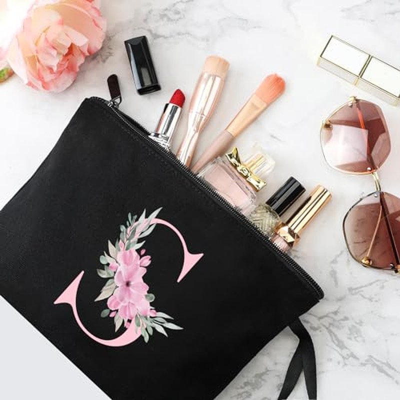 Vavabox A-Z Personalized Makeup Bag,Birthday Gifts for Women Mom,Gifts for Best Friend,Bride Bridesmaid Cosmetic bag (N, Pink)