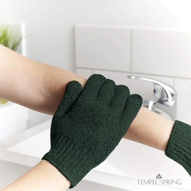 Temple Spring Exfoliating Gloves - Rayon Bamboo Bath/Shower Gloves, Bath Gloves for Shower Exfoliating and Ingrown Hair/Dead Skin Remover - Exfoliator Mitt Scrub Gloves - Forest Green