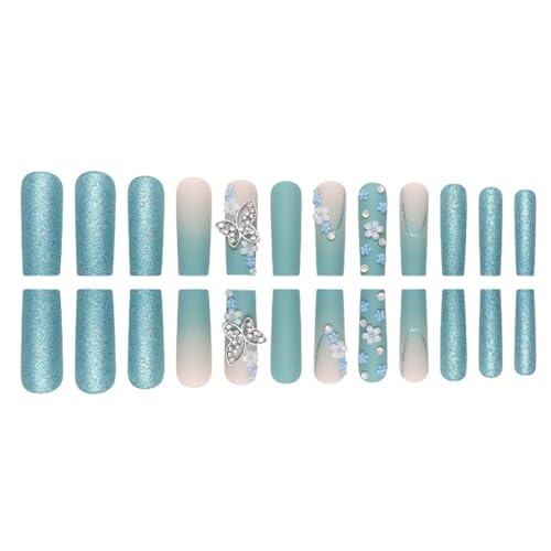 Gradient Press on Nails Matte Fake Acrylic Long Blue Nails Square French Full Cover Butterfly Fake Nails for Women and Girls 24PCS