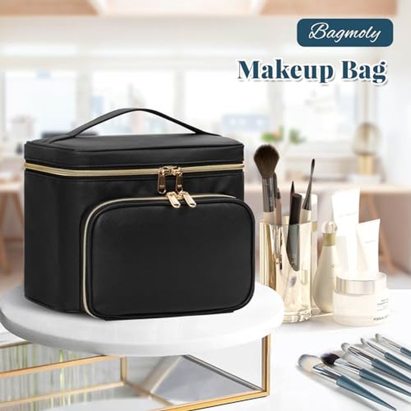 Large Makeup Bag, Portable Travel Makeup Bag for Women Girls with Makeup Brush Compartment, Stylish Makeup Bag Organizer Cosmetic Case With Handle and Divider - Black