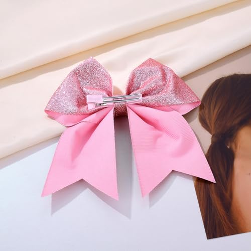 KISZU Hair Clips, Large Big 7inch Sequin Glitter Cheer Bow Clips for Women and Girls, Jumbo Giant Bow Clips Ponytail Holder Big Hair Clips Costume Accessories, Pink