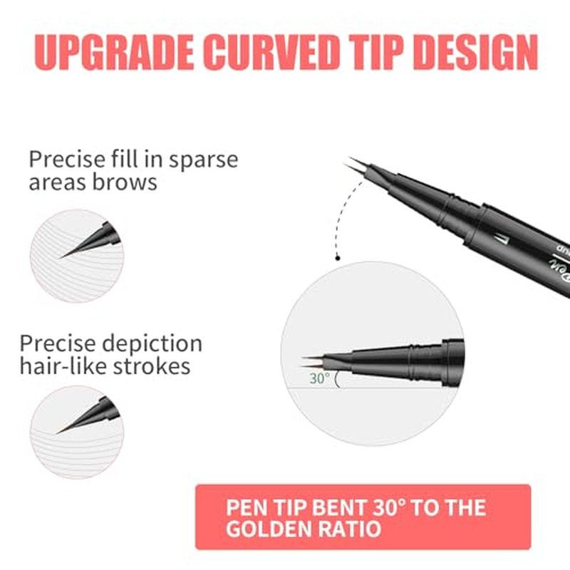 Eyebrow Pen, Curved Microblading Eyebrow Pencil, 2-in-1 Dual-Ended Natural Brow Eyebrow Pen with Micro-Fork-Tip and Precise Brush-Tip, Waterproof Long-Lasting Microblading Eyebrow Pen, Black