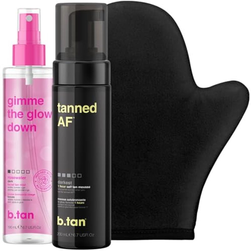 b.tan Dark Self Tanner Mini Kit | Get Tanned Travel Bundle - Mini Dark Self Tanner Mousse with Self Tanning Mitt Applicator, 1 Hour Sunless Tanner, Fast Self Tan, Vegan, Cruelty Free, 3 Fl Oz