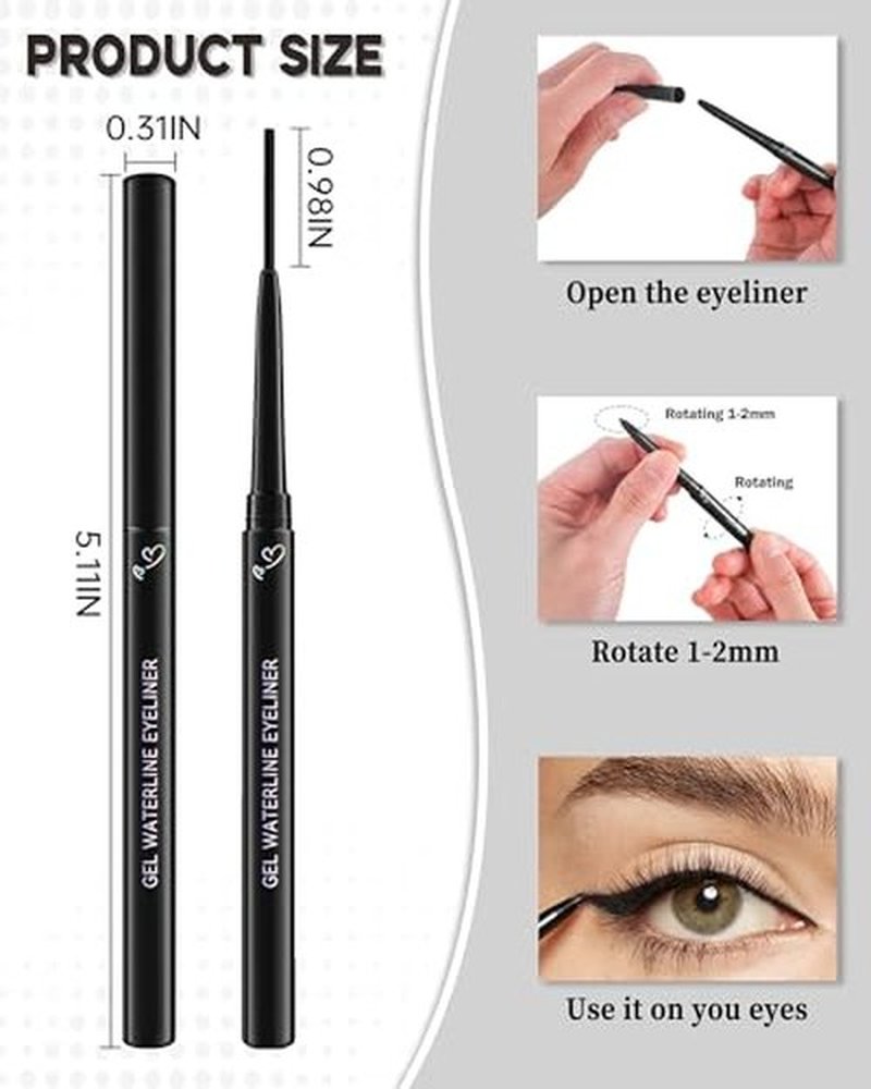Black Gel Waterline Eyeliner, Glides on Smooth Eyeliner Pencil, Matte Cream Soft Texture, Waterproof Smudge-Proof Long Wear Eye Liner Pen, High Pigment Colorful Eyeliner Gel Makeup for Women-01(2Pcs)