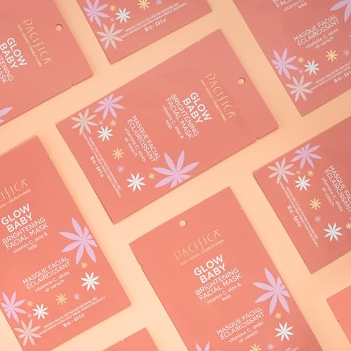 Pacifica Beauty Glow Baby Brightening Facial Mask, Skincare, Vitamin C, Aloe, Kelp, Fine Lines, Wrinkles, Dark Spots, Dry Skin, Cooling Mask, Face Mask, Face Care, For All Skin Types, Vegan (4 Sheets)
