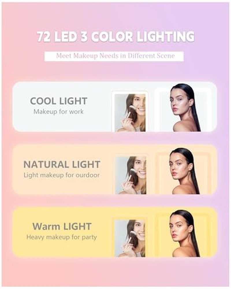Dec.Metu Travel Mirror with Lights Makeup Mirror Touch Screen 3 Colors Light 72 LEDs Rechargeable, 1000mHA 7.9x5.3-Inch Desk Compact Mirror Pink