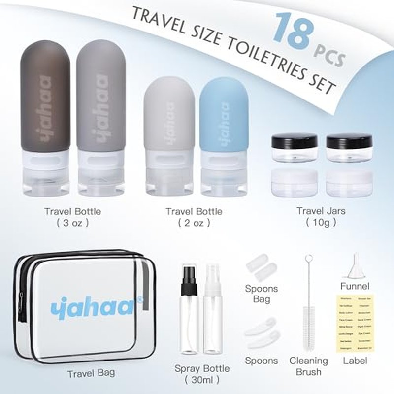 yahaa 18 Pcs Travel Size Toiletries Set,Leak Proof Squeezable Silicone Travel Bottles for Shampoo and Conditioner,TSA Approved Travel Essentials Accessories,Black Pack
