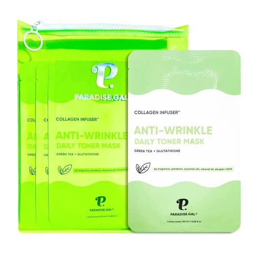 ParadiseGal Anti-Wrinkle Face Masks (10-Pack) Korean Skincare Infused with Collagen, Green Tea, Glutathione, Niacinamide & Ceramide - Hydrating Solution for Smooth, Youthful Skin