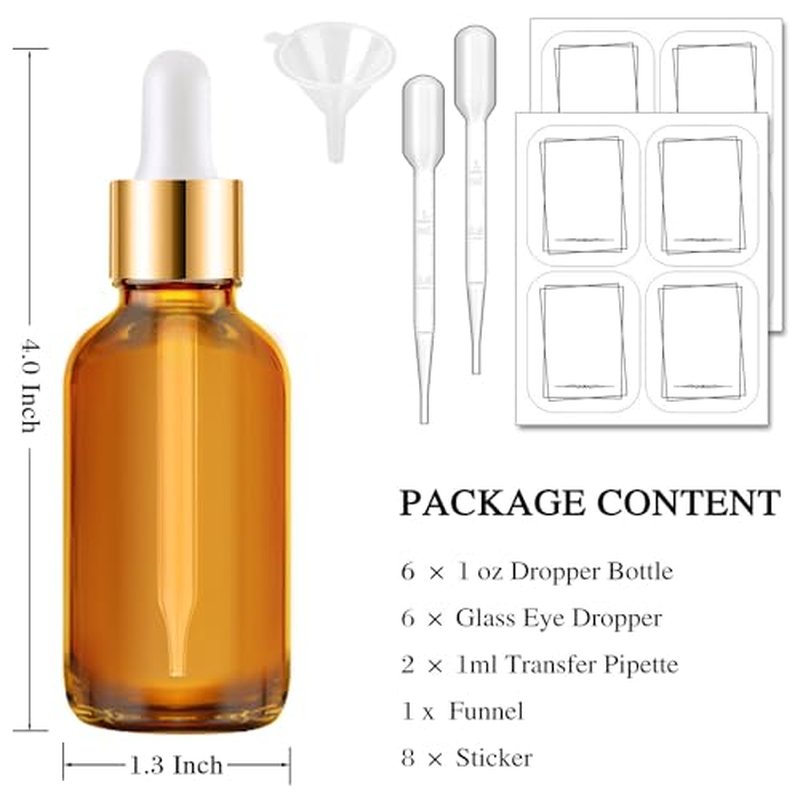 Bumobum 5 Pack, 1 oz Dropper Bottle with 2 Extra Graduated Calibrated Glass Dropper (1ml), Amber Glass Dropper Bottle 30ml Empty Dark Brown Tincture Bottles Eye Dropper for Essential Oils, Liquids