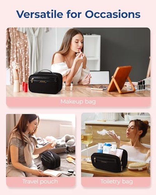 BAGSMART Travel Makeup Bag Large Capacity Cosmetic Bag, Wide-open Portable Make Up Bag Organizer for Women for Travel Essentials Travel-Size Toiletries Accessories Bottles, Brushes (Beige)