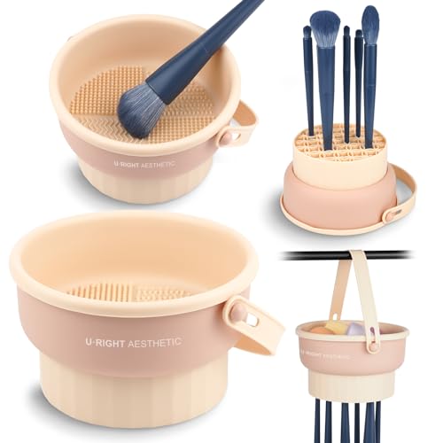 Ranphykx Makeup Brush Cleaner Mat 3 in 1 Silicone Makeup Brush Cleaning Bowl with Drying Holder Brush Cleaning Scrubber Tool Cosmetic Brush Cleaner with Holder for Storage Stand (Pink)