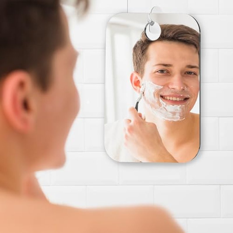 HONEYBULL Small 4x6in Wall Mount Home Mirror - Fogless Shower Shaving, Anti Fog, Razor Holder, Bathroom Accessories, Plastic, White, Travel