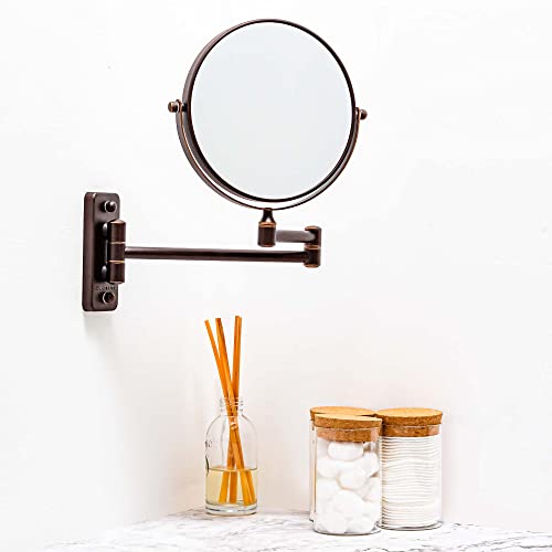 OVENTE 7" Wall Mounted Makeup Mirror with 1X/10X Magnification, Double Sided Magnifying Round Bathroom Vanity Mirror, 360° Swivel Design, Extendable and Folding Arm, Nickel Brushed MNLFW70BR1X10X