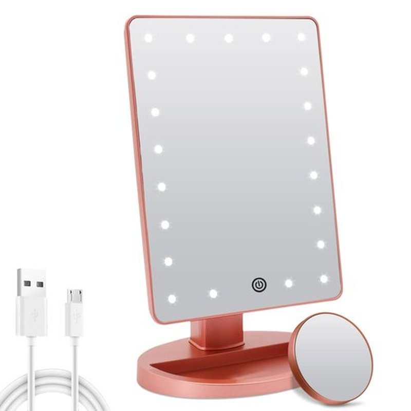 COSMIRROR Lighted Makeup Vanity Mirror with 10X Magnifying Mirror, 21 LED Lighted Mirror with Touch Sensor Dimming, 180°Adjustable Rotation, Dual Power Supply, Portable Cosmetic Mirror (Rose Gold)…
