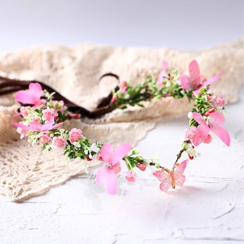 MOSTORY Pink Elf Flower Crown - Handmade Butterfly Fairy Headpiece Floral Circlet Woodland Tiara for Renaissance Renfaire Spring Wedding Fairy Costume Women Cosplay