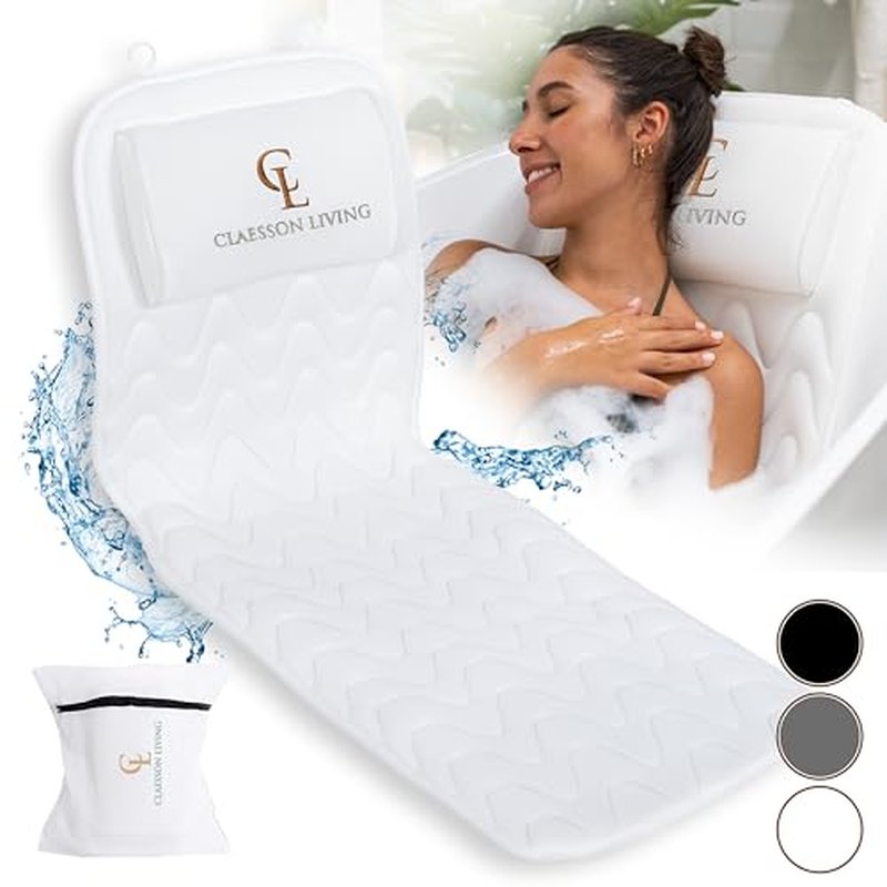 Claessonliving Full-Body Bath Pillow (17'' x 49'') - Bathtub Cushion with Headrest Supports Neck, Back and Legs - Free Hanging Hooks for Fast Drying Over Tub - Includes Washing and Travel Bags - White