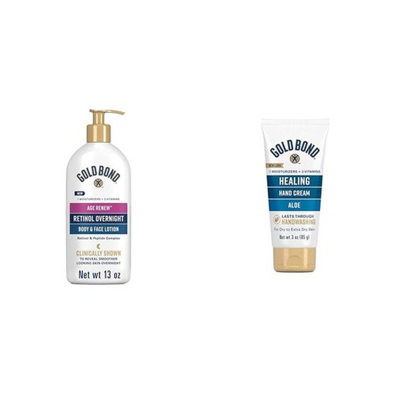 Gold Bond Age Renew Retinol Overnight Body & Face Lotion, With Retinol & Peptide Complex, 13 oz. & Healing Hand Cream, 3 oz., With Aloe, Moisture That Lasts Through Handwashing