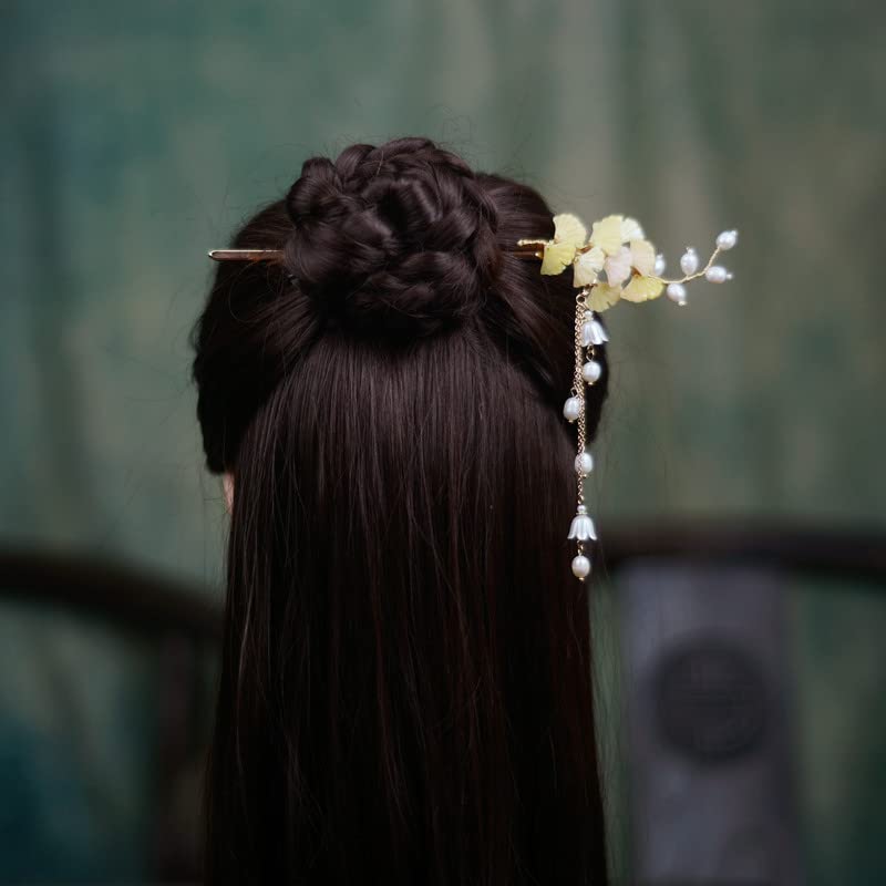 Yuri Hairpin Hair Clasp Sticks Picks Pearl Shell White Crystal Long tassels Hair Accessories For Long Hair Women Wedding Hanfu Cheongsam (yellow)