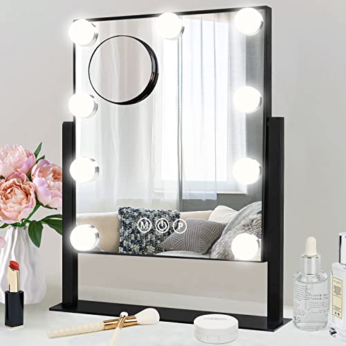 Fabuday Lighted Vanity Makeup Mirror with Lights Hollywood Cosmetic Mirror with 9 Dimmable LED Bulbs for Dressing Room Tabletop, 3 Color Lighting, Detachable 10X Magnification Mirror, White