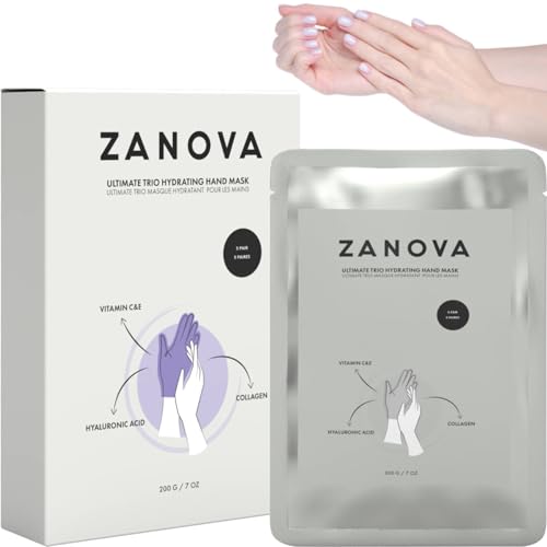 ZANOVA Collagen Treatment Hand Mask - Hyaluronic Acid, Vitamin C & E, for Skin Picking and Nail Biting Damage - Formulated with Ultimate Trio to Soothe Sensitive and Damaged Hands (10 Pairs)