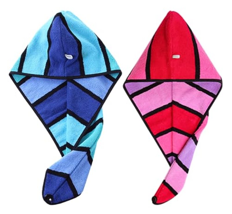 Wenlly 2 Pack 100% Cotton Hair Drying Towel, Hair Towel wrap with Button for Women, Shower Head Towel, Dry Hair Turban (red & Blue)