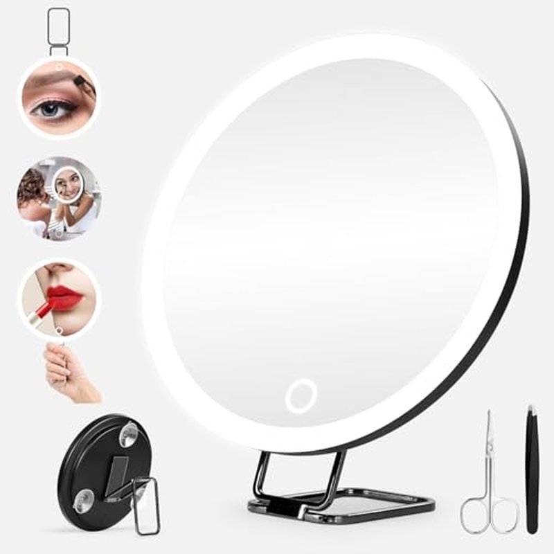 10x Magnifying Mirror with Light, Large 6" Rechargeable 3 Color Modes Dimming Lighted 10x Magnified Mirror with Light, Travel High Magnification 10x Magnifying Mirror with Suction Cups & Table Stand