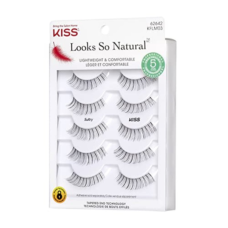 KISS Looks So Natural, False Eyelashes, 'Sultry', 12 mm, Includes 5 Pairs Of Lashes, Contact Lens Friendly, Easy to Apply, Reusable Strip Lashes, Glue-On