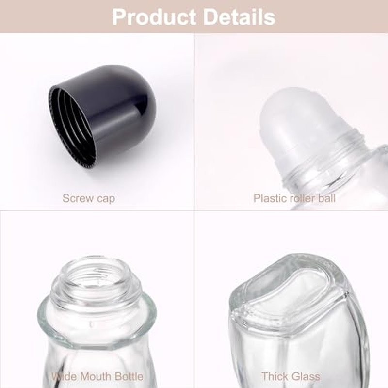 Kesell 50ml Clear Roll On Bottles Roller Ball Deodorant Container with Black Cap and Opener 2PCS Glass Roller Bottles for Essential Oils,Perfume