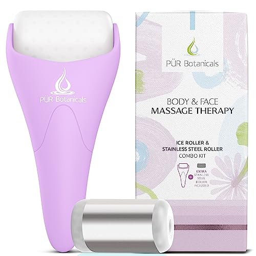 PUR Botanicals - Amethyst 2-in-1 Set Cryotherapy Ice Roller for Face Wrinkles Massager - Skin Care Tool for Puffiness - Cooling Ice Facial Eye Skin Roller - Reduce Puffiness and Relief Migraine Pain
