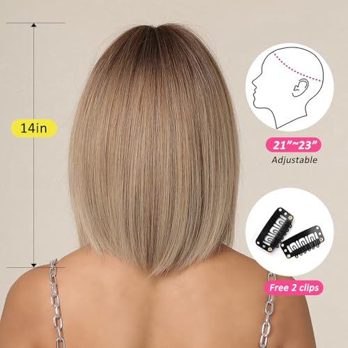 OUFEI Ombre Blonde Bob Wigs for Women Short Straight Wig with Bangs Synthetic Hair Heat Resistant Wigs for Daily Party Cosplay Wear