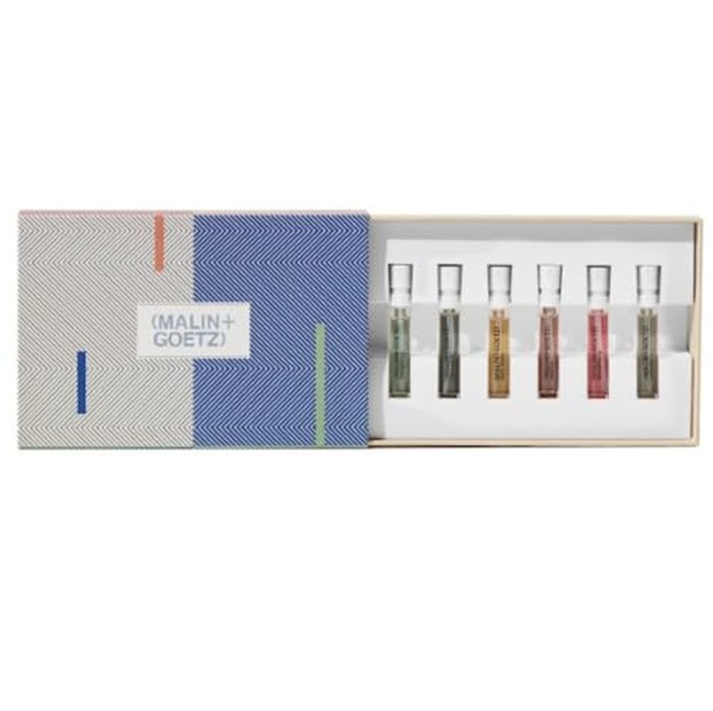 Malin + Goetz Holiday Edition Fragrance Discovery Kit, Set of 6, 2 ml Bottles – Bergamot, Cannabis, Dark Rum, Leather, Strawberry & Vetiver – Travel Perfume Set, Perfume Sampler for Men & Women