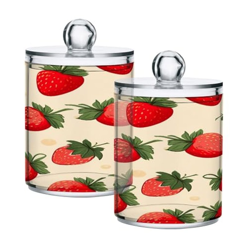 Blueangle 2 Pack Strawberry Pattern Qtip Holder Dispenser for Cotton Ball, Cotton Swab - Plastic Apothecary Jar Set for Bathroom Canister Storage Organization（896）