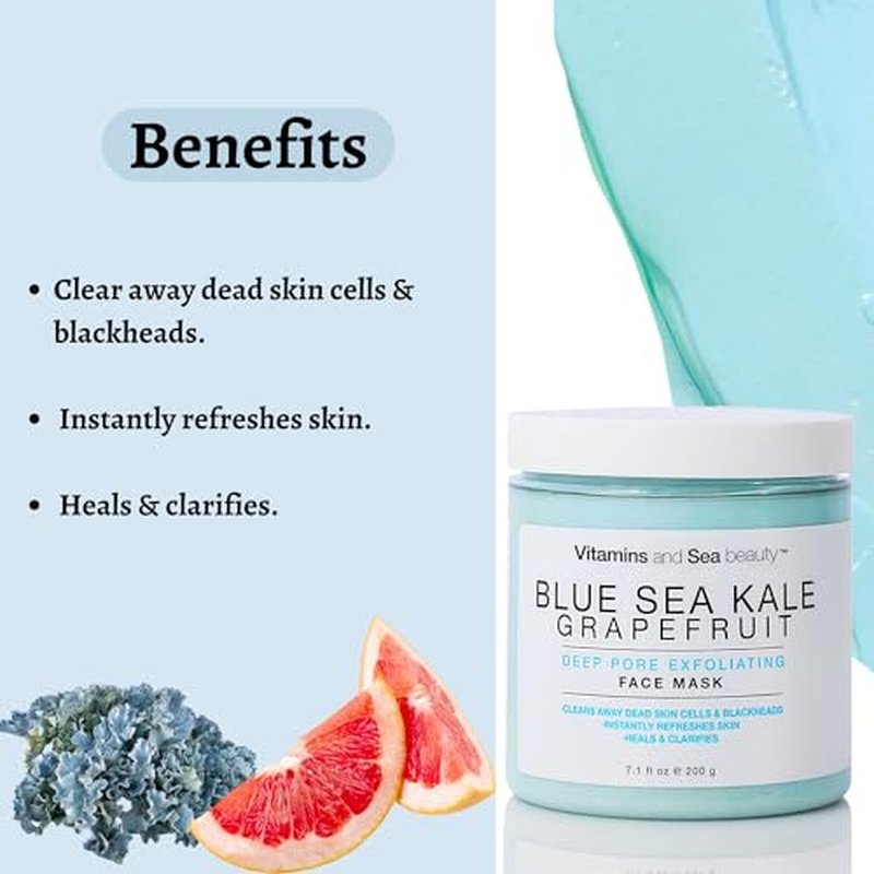 VITAMINS AND SEA BEAUTY, Exfoliating Face Mask Deep Cleansing Purifying Blackhead Pore Control with Blue Sea Kale and Grapefruit, Skincare for All Skin Types, 8.5 Fl Oz