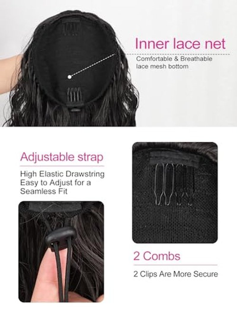 QGZ Black Ponytail Extension 14 Inch Drawstring Ponytail for Women Synthetic Short Curly Wavy Fluffy Clip in Ponytail Hair Extensions for Daily Halloween Use