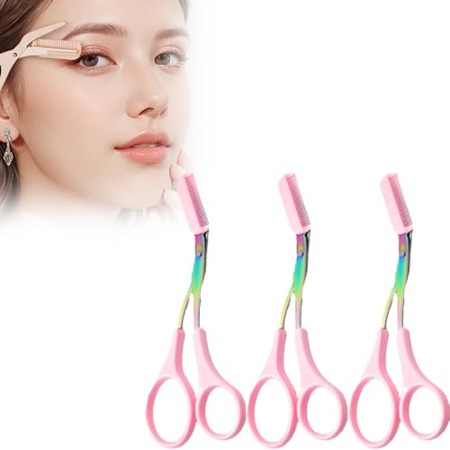 Eyebrow Trimmer Scissors for Women,Non-Slip Stainless Steel Eyebrow Scissors with Comb,2 in 1 Portable Professional Eyebrow Trimmer,Eyebrow Razor Makeup Tool (3 Pcs (Light Pink))