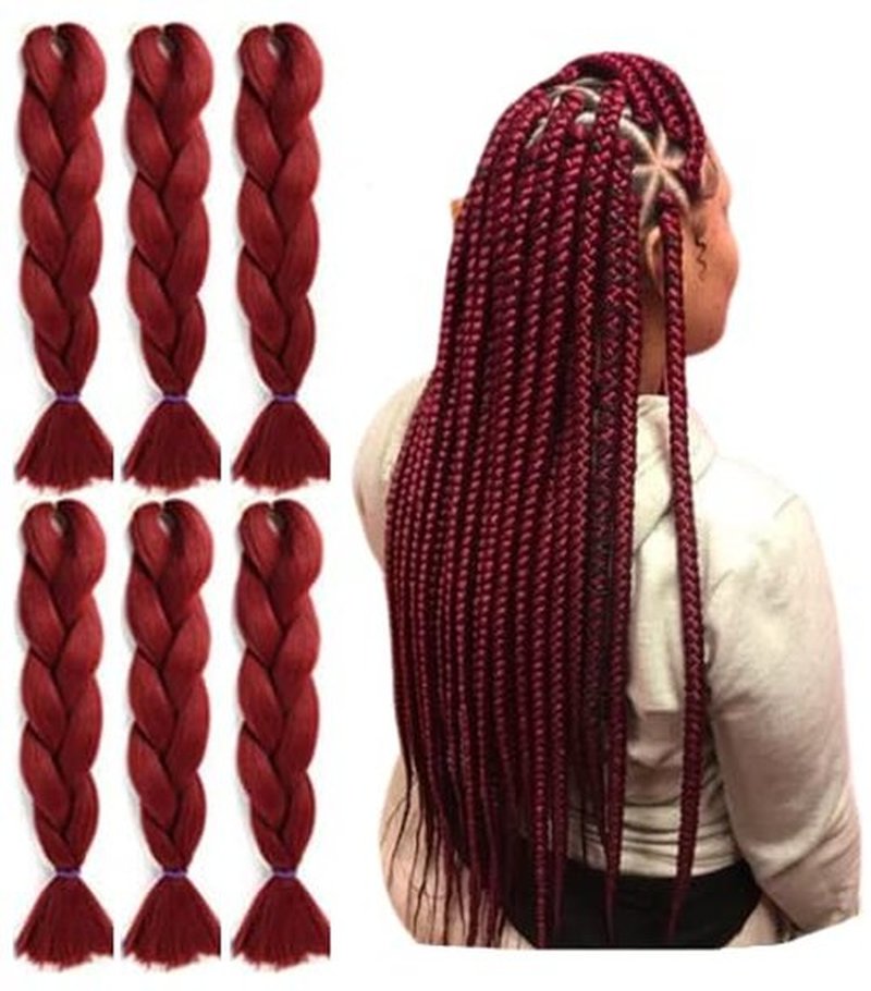 Braiding Hair Extension Jumbo Ombre Colorful for Crochet Braiding 6 Packs (High temperature, Synthetic Fiber, 24 inches) (6 Bundles, Red)