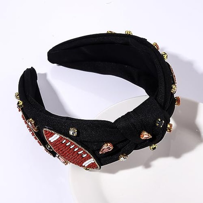 JERTOCLE Football Knotted Headbands for Women Game Day Sports Headband Pearl Crystal Bejeweled Wide Top Knot Hairband Game Day Hair Accessories (Red Black3)